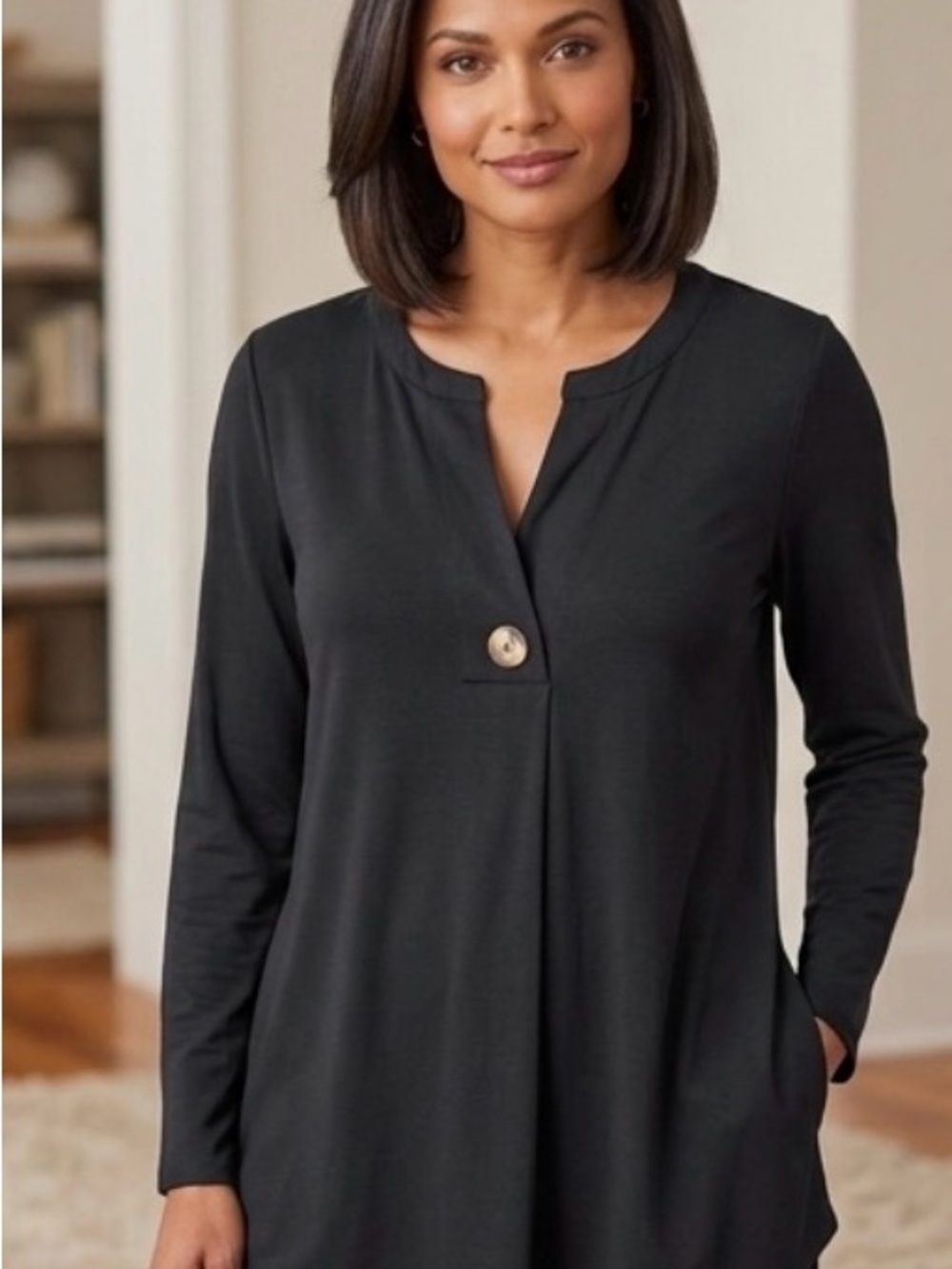 Soft Surroundings Black Long-Sleeve top with Single Button